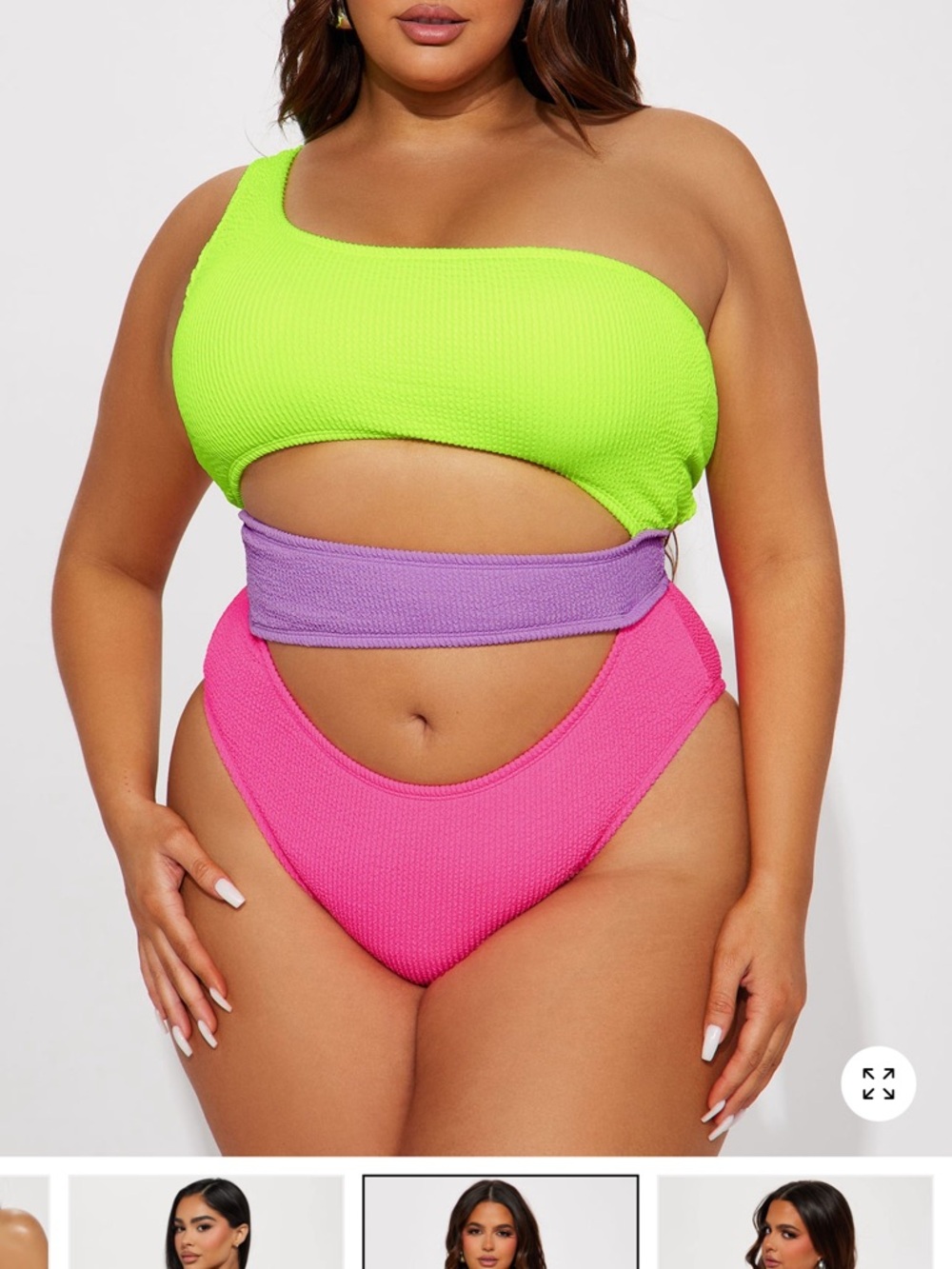 Fashion Nova Neon Lime, Lilac & Hot Pink One-Shoulder Cutout One-Piece